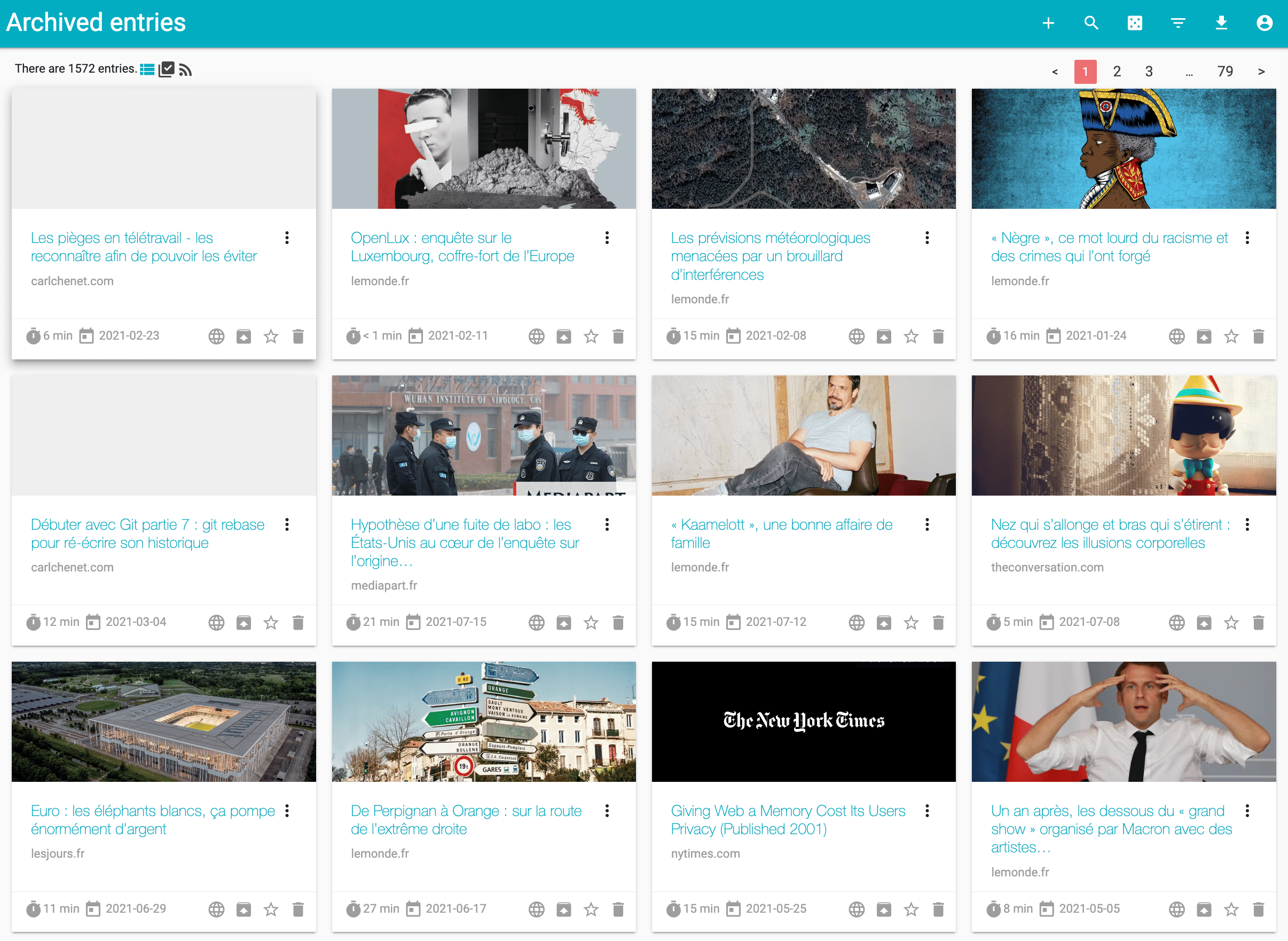 wallabag interface showing saved articles and reading controls
